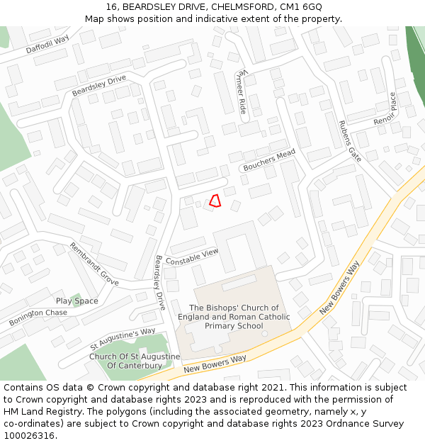 16, BEARDSLEY DRIVE, CHELMSFORD, CM1 6GQ: Location map and indicative extent of plot