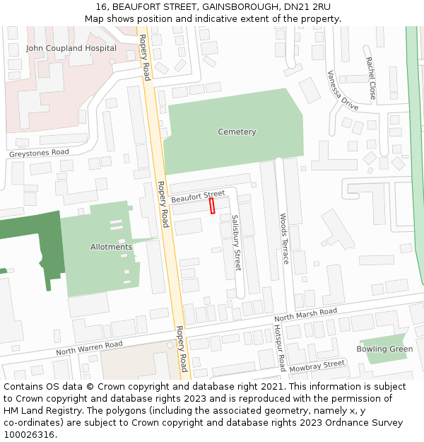 16, BEAUFORT STREET, GAINSBOROUGH, DN21 2RU: Location map and indicative extent of plot