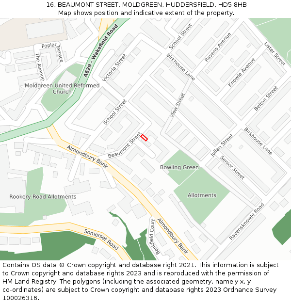 16, BEAUMONT STREET, MOLDGREEN, HUDDERSFIELD, HD5 8HB: Location map and indicative extent of plot