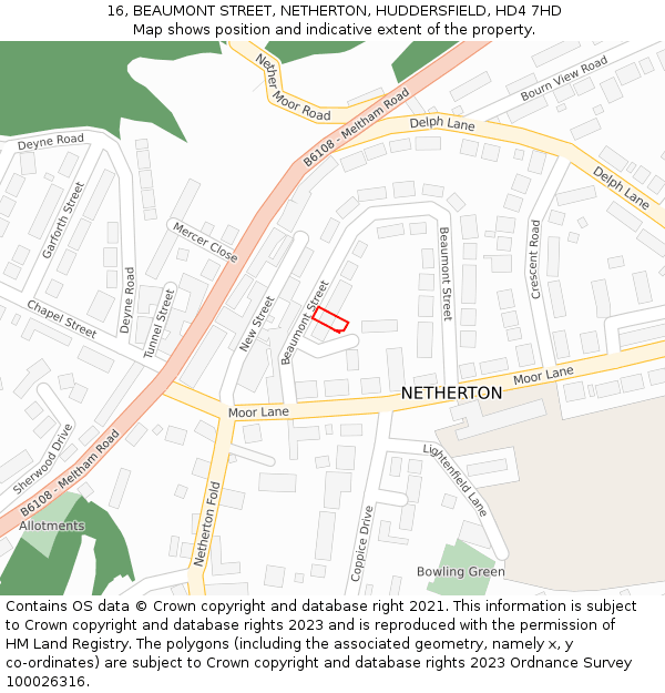 16, BEAUMONT STREET, NETHERTON, HUDDERSFIELD, HD4 7HD: Location map and indicative extent of plot