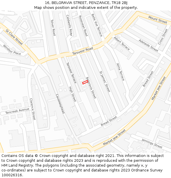 16, BELGRAVIA STREET, PENZANCE, TR18 2BJ: Location map and indicative extent of plot