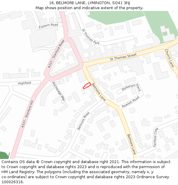 16, BELMORE LANE, LYMINGTON, SO41 3NJ: Location map and indicative extent of plot