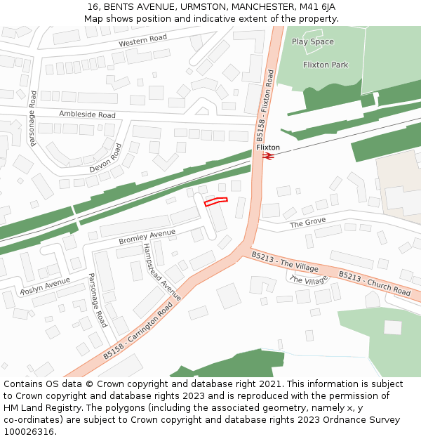 16, BENTS AVENUE, URMSTON, MANCHESTER, M41 6JA: Location map and indicative extent of plot