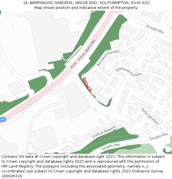 16, BERRYWOOD GARDENS, HEDGE END, SOUTHAMPTON, SO30 4QZ: Location map and indicative extent of plot