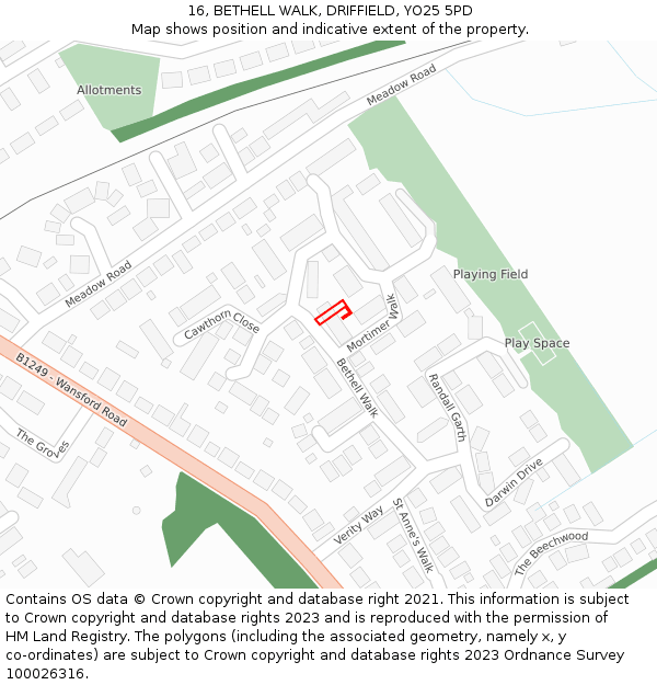16, BETHELL WALK, DRIFFIELD, YO25 5PD: Location map and indicative extent of plot