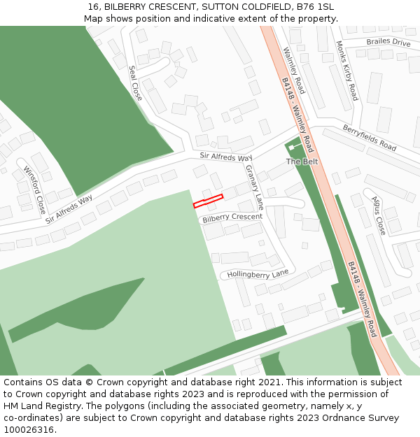 16, BILBERRY CRESCENT, SUTTON COLDFIELD, B76 1SL: Location map and indicative extent of plot