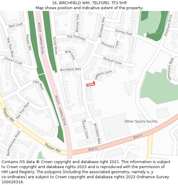 16, BIRCHFIELD WAY, TELFORD, TF3 5HP: Location map and indicative extent of plot