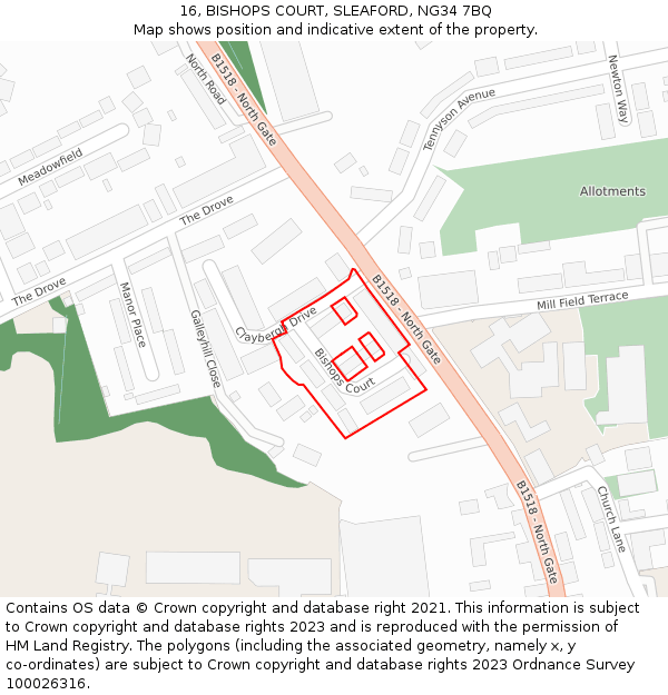 16, BISHOPS COURT, SLEAFORD, NG34 7BQ: Location map and indicative extent of plot