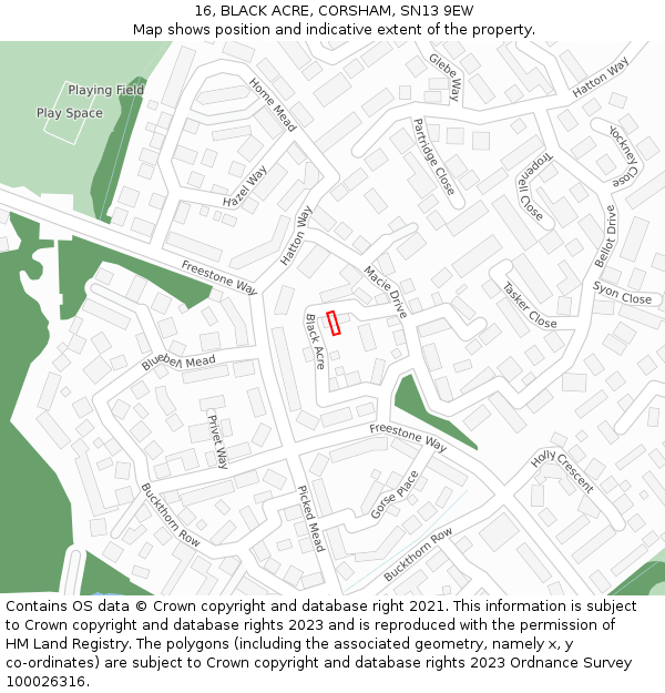 16, BLACK ACRE, CORSHAM, SN13 9EW: Location map and indicative extent of plot