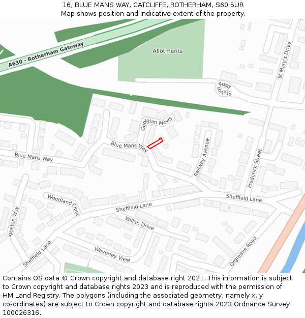 16, BLUE MANS WAY, CATCLIFFE, ROTHERHAM, S60 5UR: Location map and indicative extent of plot
