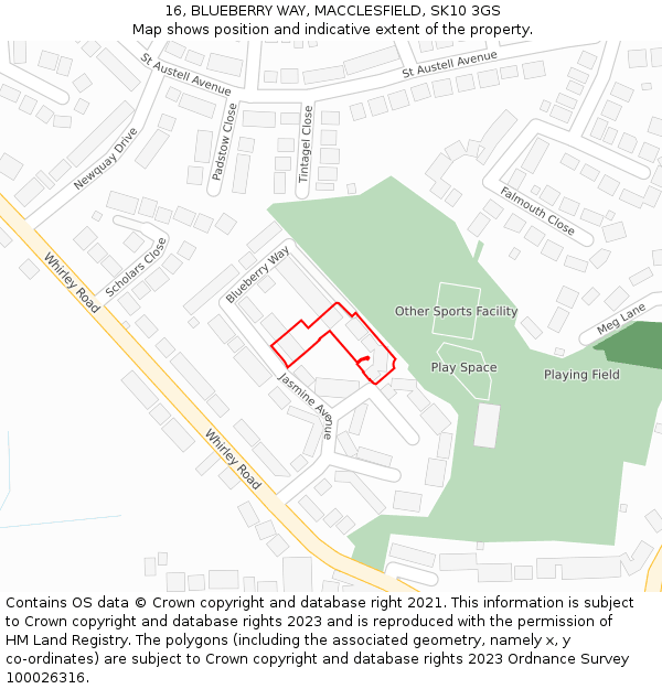 16, BLUEBERRY WAY, MACCLESFIELD, SK10 3GS: Location map and indicative extent of plot