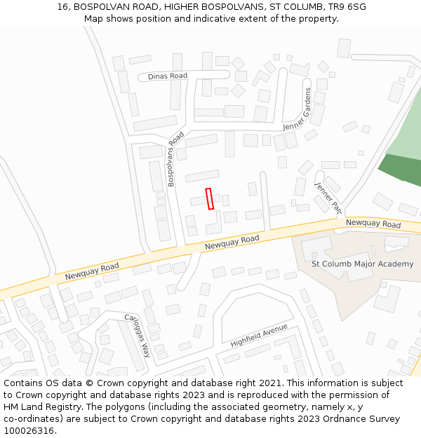 16, BOSPOLVAN ROAD, HIGHER BOSPOLVANS, ST COLUMB, TR9 6SG: Location map and indicative extent of plot
