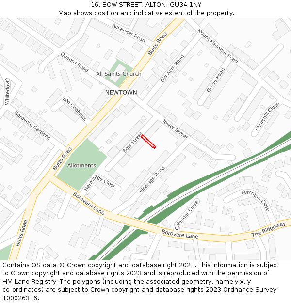 16, BOW STREET, ALTON, GU34 1NY: Location map and indicative extent of plot