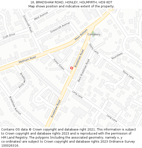 16, BRADSHAW ROAD, HONLEY, HOLMFIRTH, HD9 6DT: Location map and indicative extent of plot