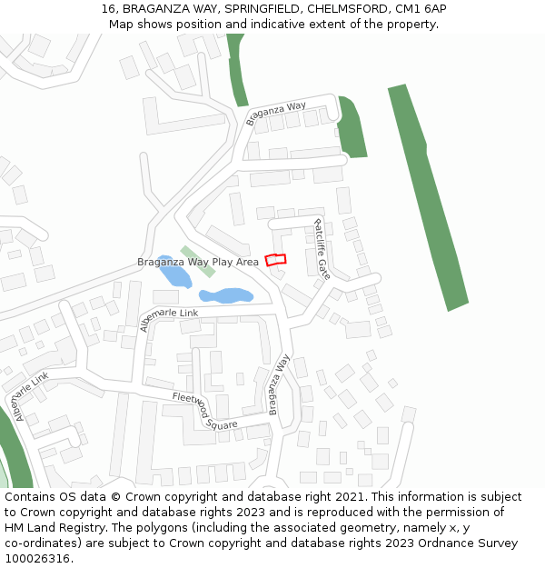 16, BRAGANZA WAY, SPRINGFIELD, CHELMSFORD, CM1 6AP: Location map and indicative extent of plot