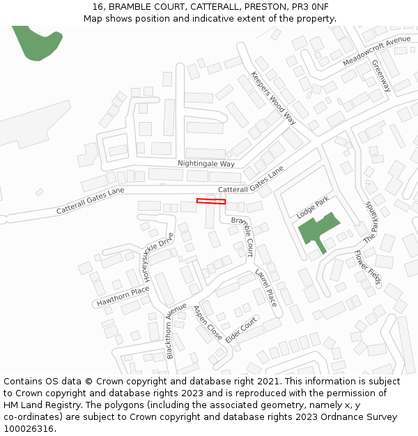 16, BRAMBLE COURT, CATTERALL, PRESTON, PR3 0NF: Location map and indicative extent of plot