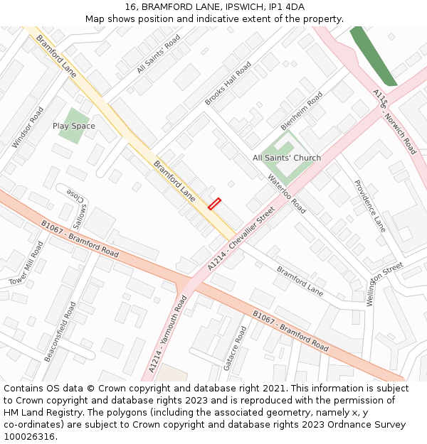 16, BRAMFORD LANE, IPSWICH, IP1 4DA: Location map and indicative extent of plot