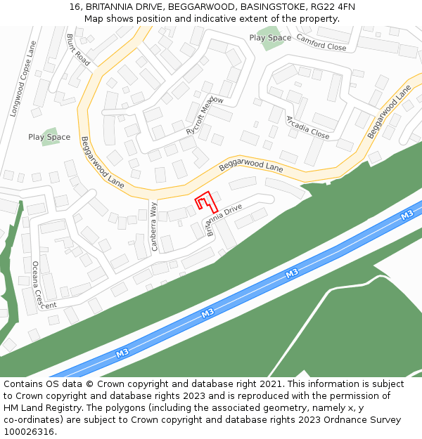 16, BRITANNIA DRIVE, BEGGARWOOD, BASINGSTOKE, RG22 4FN: Location map and indicative extent of plot