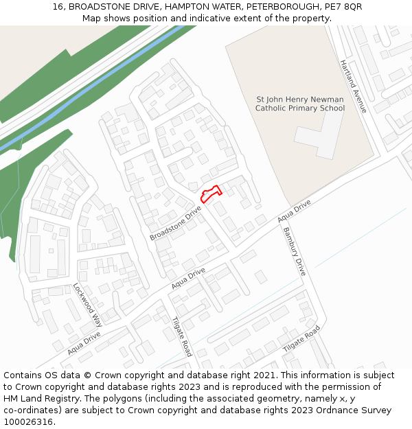 16, BROADSTONE DRIVE, HAMPTON WATER, PETERBOROUGH, PE7 8QR: Location map and indicative extent of plot