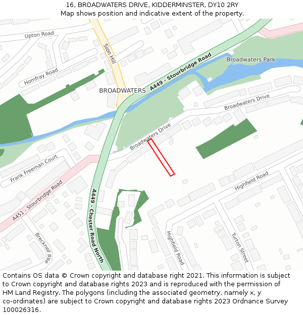 16, BROADWATERS DRIVE, KIDDERMINSTER, DY10 2RY: Location map and indicative extent of plot
