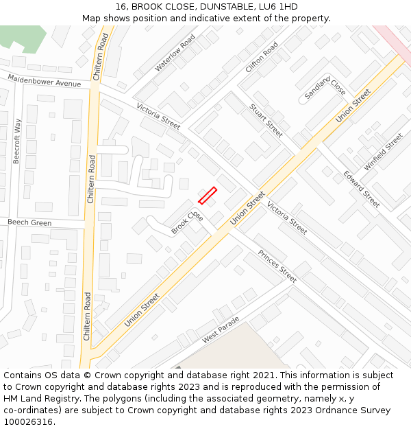 16, BROOK CLOSE, DUNSTABLE, LU6 1HD: Location map and indicative extent of plot