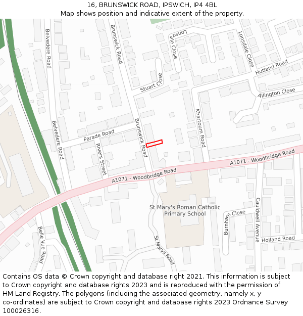 16, BRUNSWICK ROAD, IPSWICH, IP4 4BL: Location map and indicative extent of plot