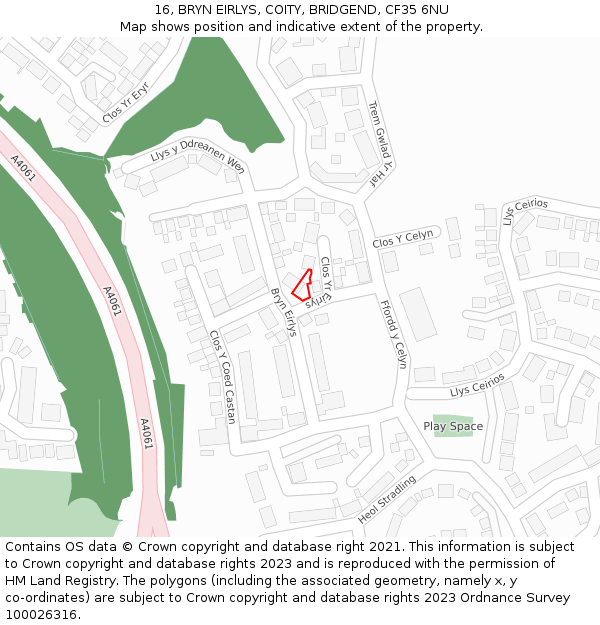 16, BRYN EIRLYS, COITY, BRIDGEND, CF35 6NU: Location map and indicative extent of plot