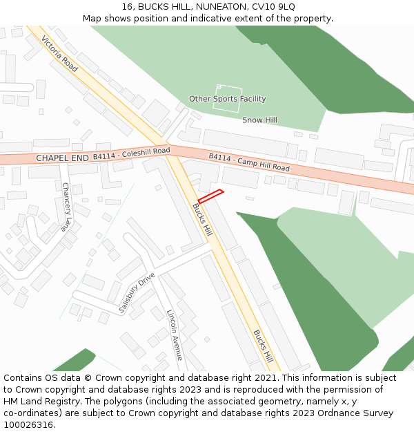 16, BUCKS HILL, NUNEATON, CV10 9LQ: Location map and indicative extent of plot