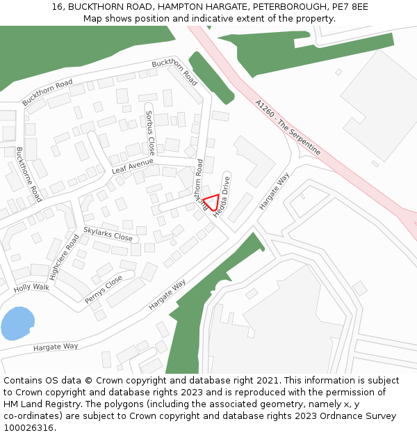 16, BUCKTHORN ROAD, HAMPTON HARGATE, PETERBOROUGH, PE7 8EE: Location map and indicative extent of plot