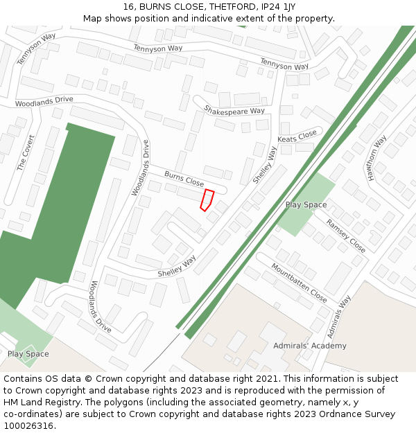 16, BURNS CLOSE, THETFORD, IP24 1JY: Location map and indicative extent of plot