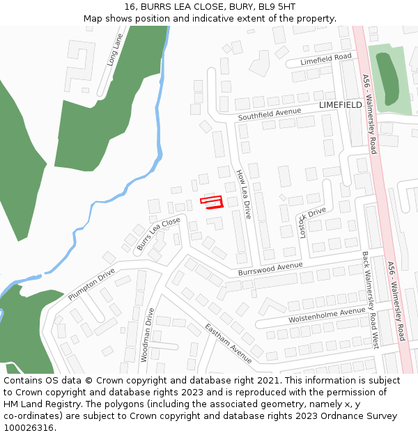 16, BURRS LEA CLOSE, BURY, BL9 5HT: Location map and indicative extent of plot
