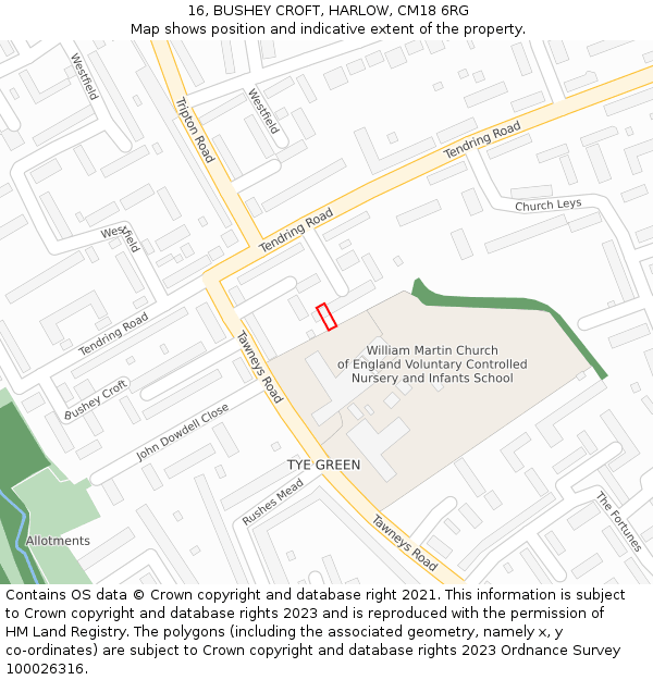 16, BUSHEY CROFT, HARLOW, CM18 6RG: Location map and indicative extent of plot