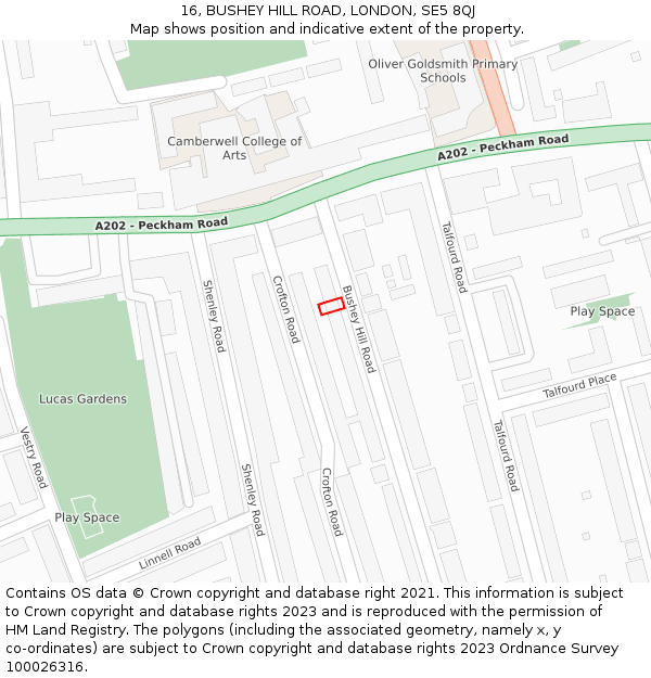 16, BUSHEY HILL ROAD, LONDON, SE5 8QJ: Location map and indicative extent of plot