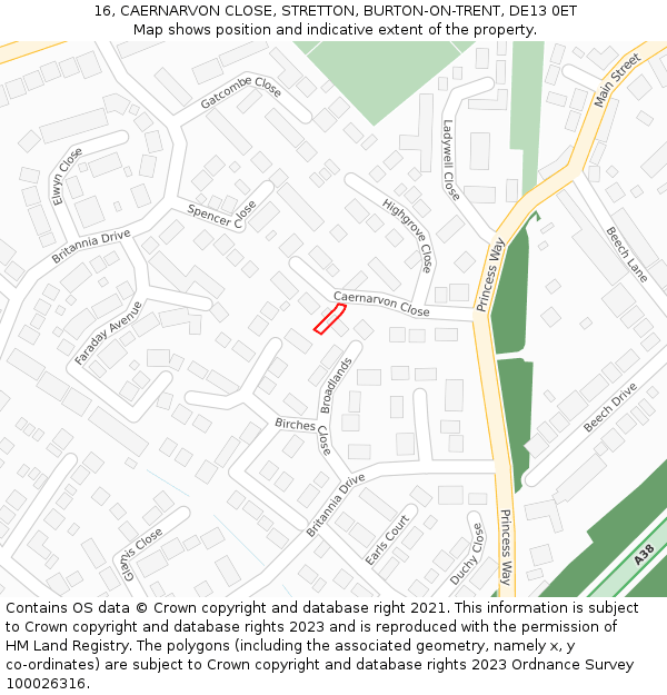 16, CAERNARVON CLOSE, STRETTON, BURTON-ON-TRENT, DE13 0ET: Location map and indicative extent of plot