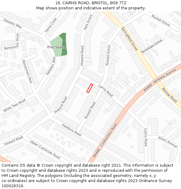 16, CAIRNS ROAD, BRISTOL, BS6 7TZ: Location map and indicative extent of plot