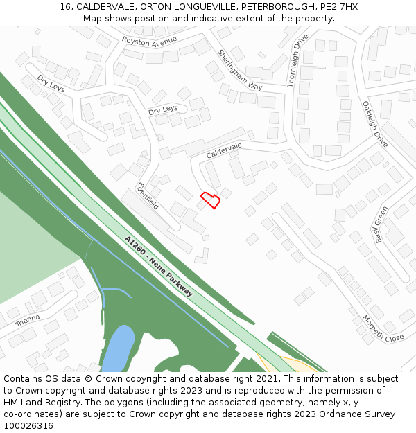 16, CALDERVALE, ORTON LONGUEVILLE, PETERBOROUGH, PE2 7HX: Location map and indicative extent of plot