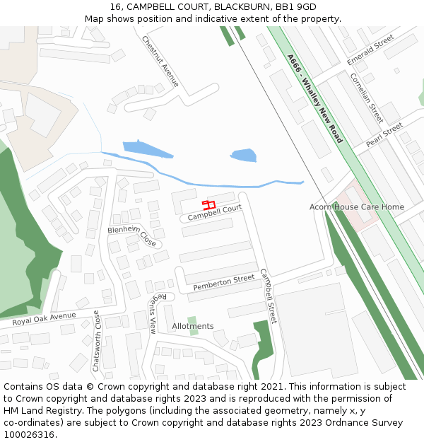 16, CAMPBELL COURT, BLACKBURN, BB1 9GD: Location map and indicative extent of plot