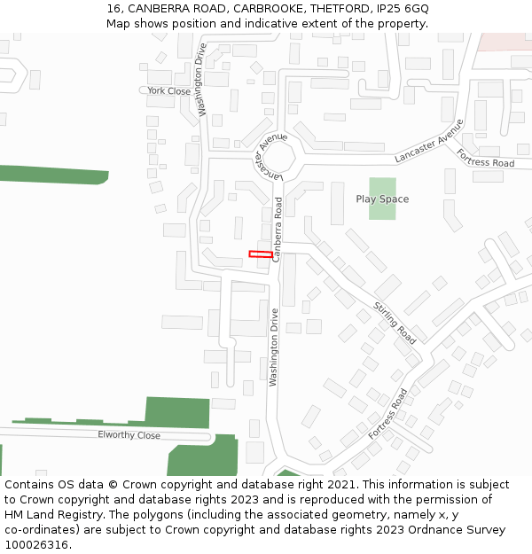 16, CANBERRA ROAD, CARBROOKE, THETFORD, IP25 6GQ: Location map and indicative extent of plot