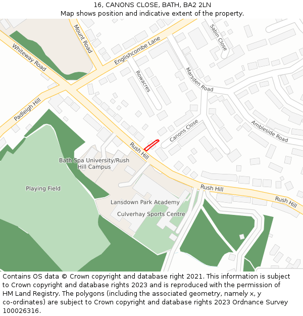 16, CANONS CLOSE, BATH, BA2 2LN: Location map and indicative extent of plot