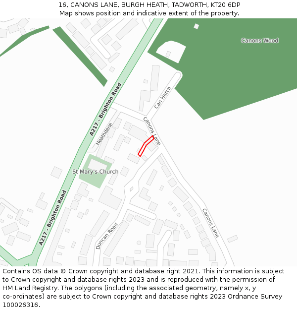 16, CANONS LANE, BURGH HEATH, TADWORTH, KT20 6DP: Location map and indicative extent of plot