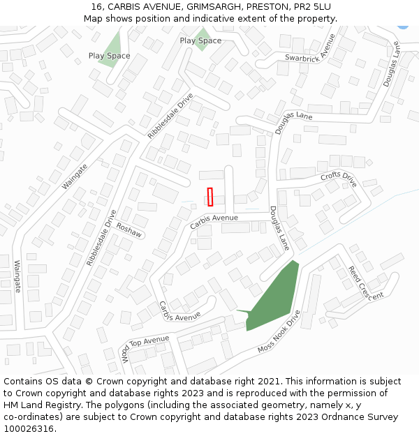 16, CARBIS AVENUE, GRIMSARGH, PRESTON, PR2 5LU: Location map and indicative extent of plot