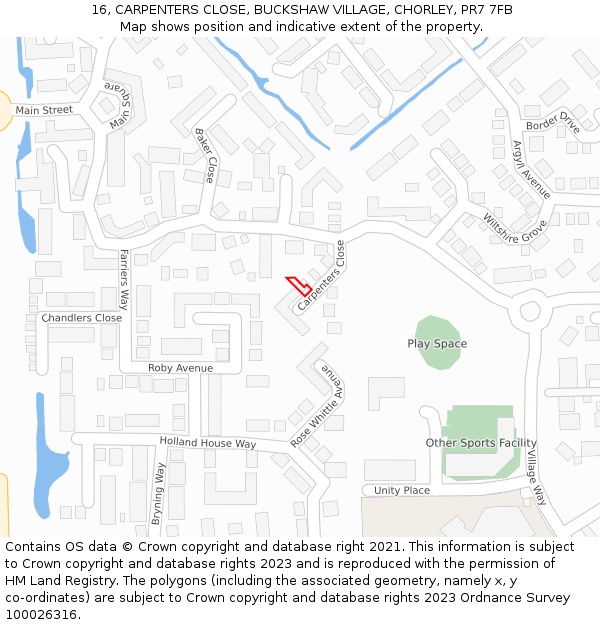 16, CARPENTERS CLOSE, BUCKSHAW VILLAGE, CHORLEY, PR7 7FB: Location map and indicative extent of plot