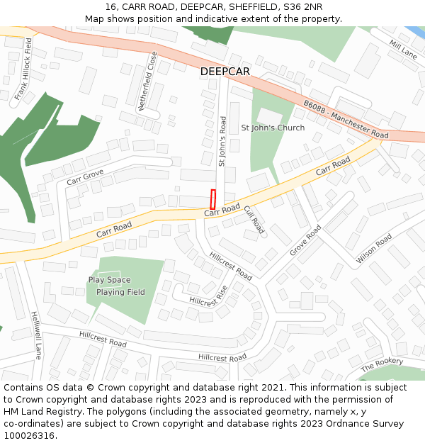 16, CARR ROAD, DEEPCAR, SHEFFIELD, S36 2NR: Location map and indicative extent of plot