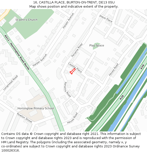 16, CASTILLA PLACE, BURTON-ON-TRENT, DE13 0SU: Location map and indicative extent of plot