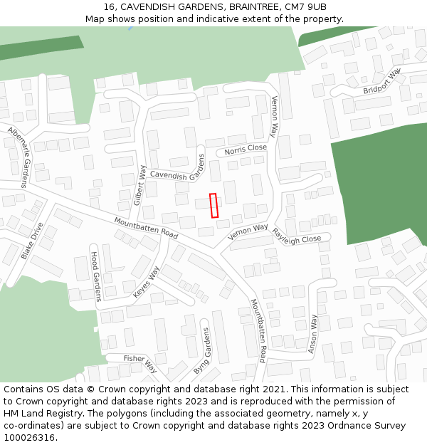 16, CAVENDISH GARDENS, BRAINTREE, CM7 9UB: Location map and indicative extent of plot