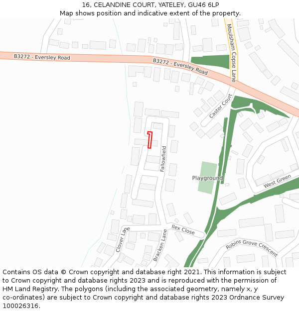 16, CELANDINE COURT, YATELEY, GU46 6LP: Location map and indicative extent of plot