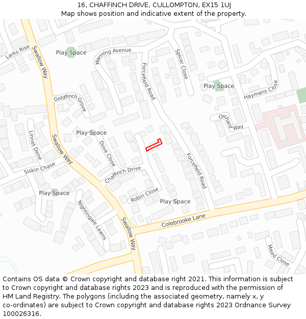 16, CHAFFINCH DRIVE, CULLOMPTON, EX15 1UJ: Location map and indicative extent of plot