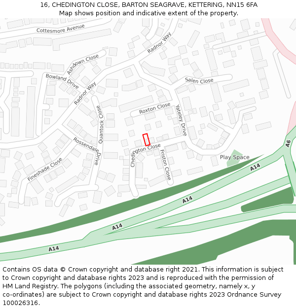 16, CHEDINGTON CLOSE, BARTON SEAGRAVE, KETTERING, NN15 6FA: Location map and indicative extent of plot