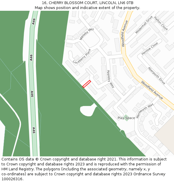 16, CHERRY BLOSSOM COURT, LINCOLN, LN6 0TB: Location map and indicative extent of plot