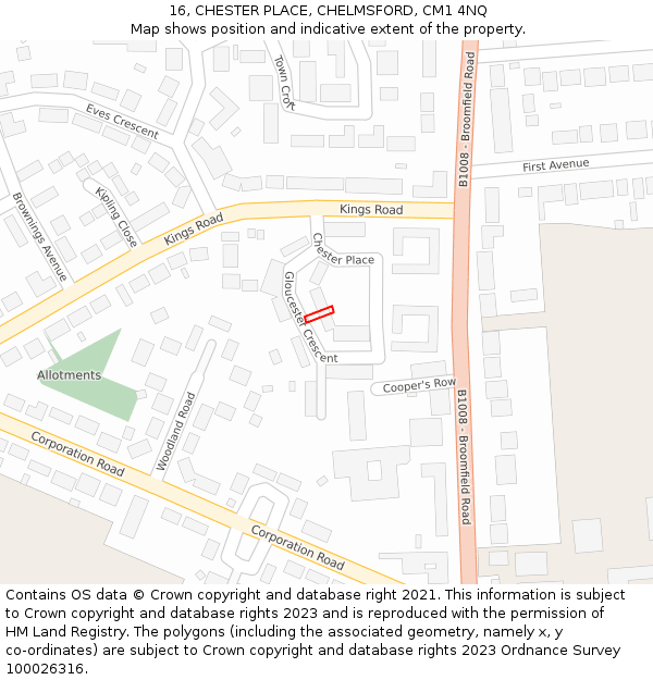 16, CHESTER PLACE, CHELMSFORD, CM1 4NQ: Location map and indicative extent of plot